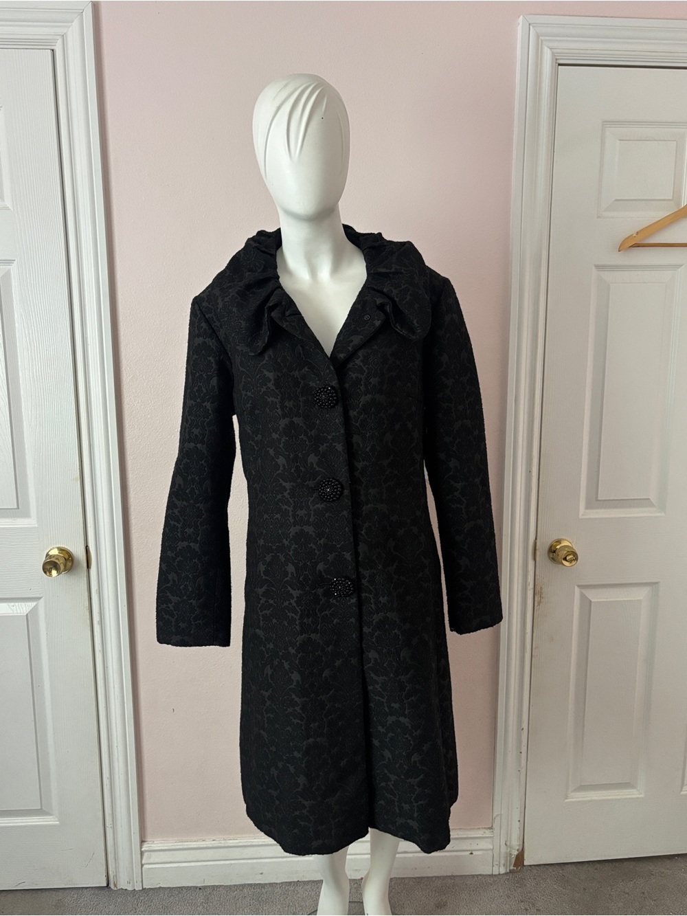 Ivanka Trump Black Damask Jacquard Ruffle Collar Wool Blend Long Coat M/L⁠ - Picture 2 of 7